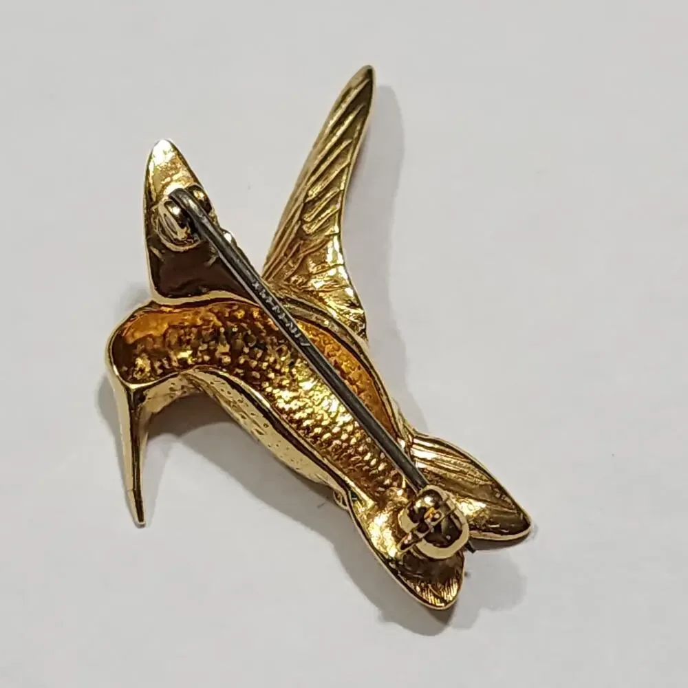 Hummingbird In Flight Blue Rhinestone Eye Brooch Gold Tone Krementz Vintage